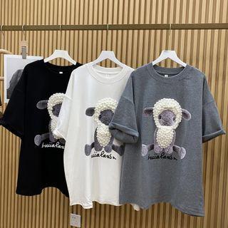 Short-sleeve Fluffy Cartoon Print T-shirt