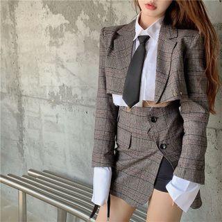 Crop Shirt With Tie / Crop Plaid Blazer / Button-up Mini Split Skirt