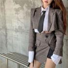 Crop Shirt With Tie / Crop Plaid Blazer / Button-up Mini Split Skirt