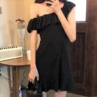 Cap-sleeve Ruffle Mini A-line Dress Black - One Size