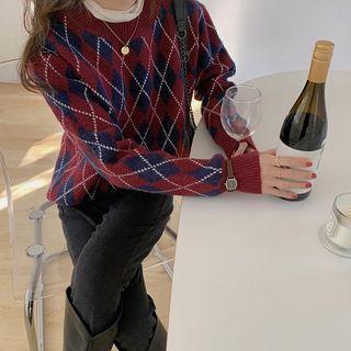 Color-block Argyle Crewneck Sweater