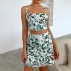 Set Of 2 - Floral Print Crop Top & Ruffle Trim Skirt