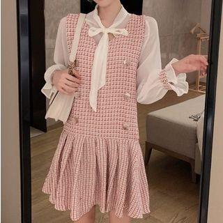 Set: Tie-neck Chiffon Blouse + Sleeveless Double-buttoned Tweed Dress