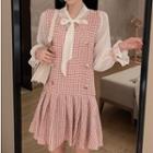 Set: Tie-neck Chiffon Blouse + Sleeveless Double-buttoned Tweed Dress