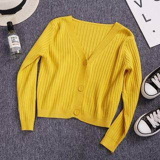 Plain V-neck Cardigan Yellow - One Size