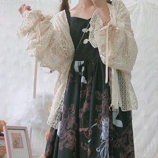 Crochet Open-front Cardigan / Spaghetti Strap Printed Midi A-line Dress / Set