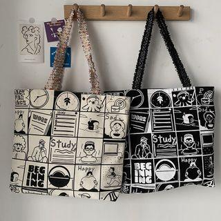 Cartoon Print Tweed Trim Tote Bag