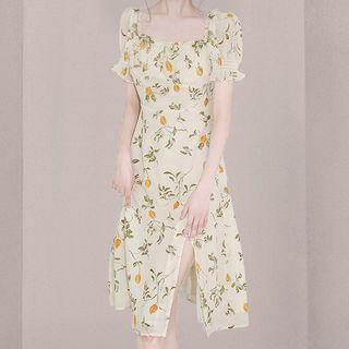 Puff-sleeve Square Neck Floral Slit A-line Dress