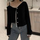 Cold-shoulder Lace Trim Cardigan Black - One Size