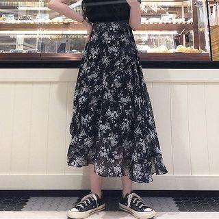 Flower Print Chiffon Midi A-line Skirt As Shown In Figure - One Size
