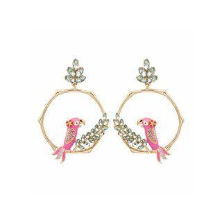 Fashion And Elegant Plated Gold Enamel Pink Bird Green Leaf Hexagon Earrings With Cubic Zirconia Golden - One Size