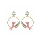 Fashion And Elegant Plated Gold Enamel Pink Bird Green Leaf Hexagon Earrings With Cubic Zirconia Golden - One Size