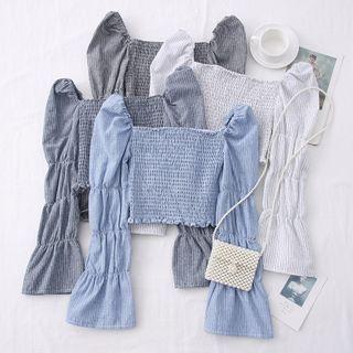 Wide-neck Striped Smocked Crop Top