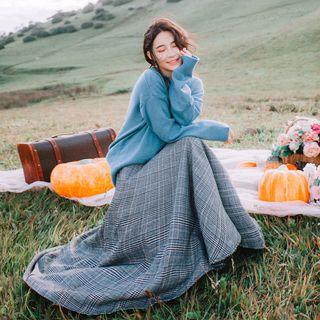 Set: Notch Neck Sweater + Plaid Mid A-line Skirt