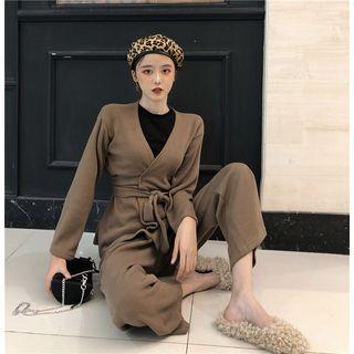 V-neck Tie Waist Knit Jacket / High Waist Wide-leg Pants