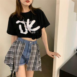 Short-sleeve Lettering Print Crop Top / Plaid Panel Denim Skort