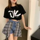 Short-sleeve Lettering Print Crop Top / Plaid Panel Denim Skort