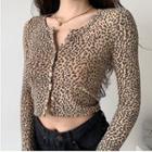 Long-sleeve Round-neck Cropped Single-breasted Leopard Print Top