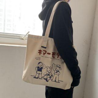 Cartoon Print Canvas Tote Bag Cartoon Print - Beige - One Size