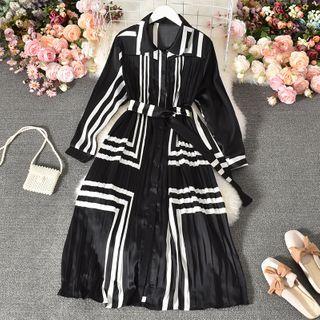 Patterned Long-sleeve Midi A-line Shirt Dress Black - One Size