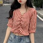 Elbow-sleeve Gingham Shirred Cropped Top