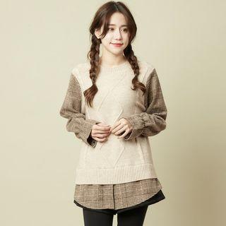 Mock Two-piece Plaid Panel Sweater Almond - One Size