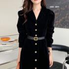 Set: Long-sleeve Button-up Midi A-line Velvet Dress + Belt