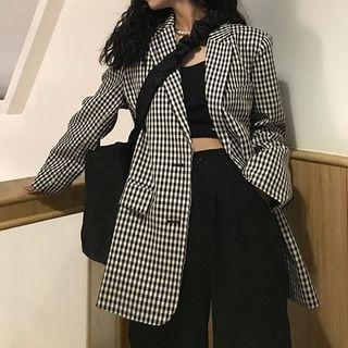 Plaid Long-sleeve Blazer / High-waist Wide-leg Pants