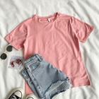 Plain Crewneck Short-sleeve T-shirt Pink - One Size