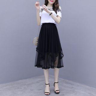Set: Short-sleeve Embroidered Top + Mesh Skirt