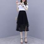 Set: Short-sleeve Embroidered Top + Mesh Skirt