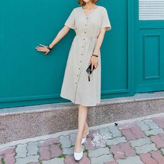 V-neck Striped Linen Blend Dress