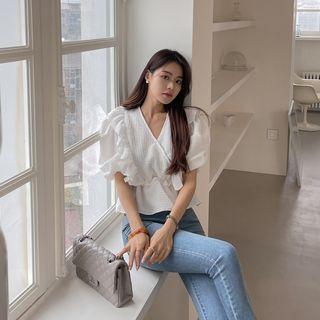 Frill-trim Waffle-texture Wrap Blouse White - One Size