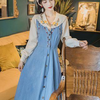 Set: Flower Embroidered Shirt + Denim Midi Jumper Dress