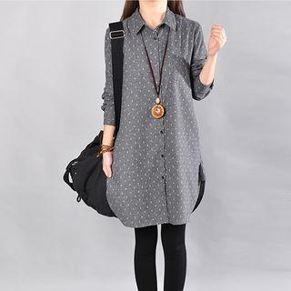 Stand-collar Long-sleeved Polka-dot Cotton Long Blouse