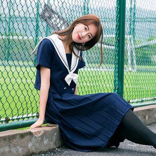 Sailor Collar T-shirt / High Waist Pleated Skirt / Pocketed Cardigan / Set