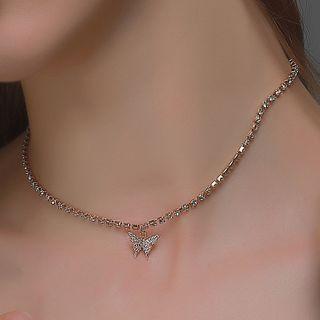 Rhinestone Butterfly Pendant Choker 01 - S193 - Gold - One Size
