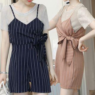 Set: Crew-neck Short-sleeve T-shirt + Striped Spaghetti Strap Playsuit