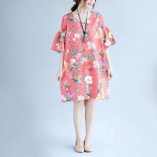 Ruffle Sleeve Pinstripe Floral Midi Dress
