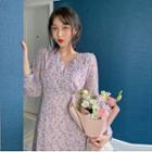 Long-sleeve Mini Floral A-line Dress Purple - One Size