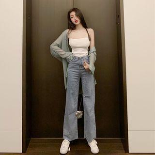 Plain Light Shirt / Plain Knit Top / Cutout Wide-leg Jeans