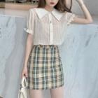 Sailor Collar Short Sleeve Blouse / Plaid Mini Skirt