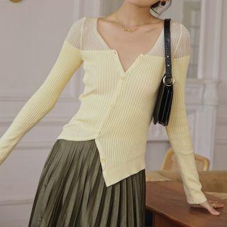 Long-sleeve Irregular Color Block Buttoned Knit Top