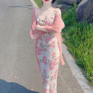 Light Jacket / Spaghetti Strap Floral Midi Sheath Dress / Set