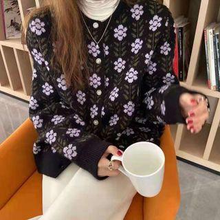 Long-sleeve Floral Jacquard Cardigan