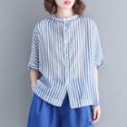 Elbow-sleeve Striped Shirt Stripe - Blue - One Size