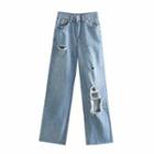 High-waist Washed Distressed Straight-fit Jeans