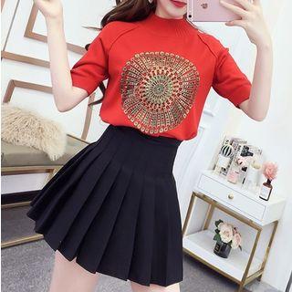 Set: Short-sleeve Mock Neck Knit Top + Pleated Skirt