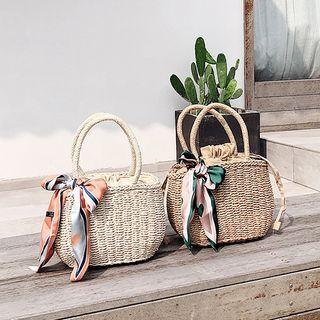 Mesh Ribbon Straw Tote Bag