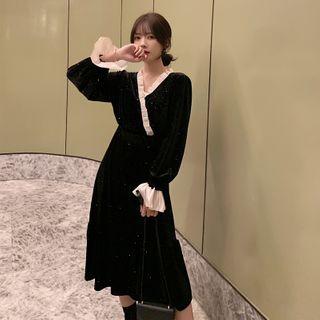 Ruffled Bell-sleeve Midi A-line Velvet Dress